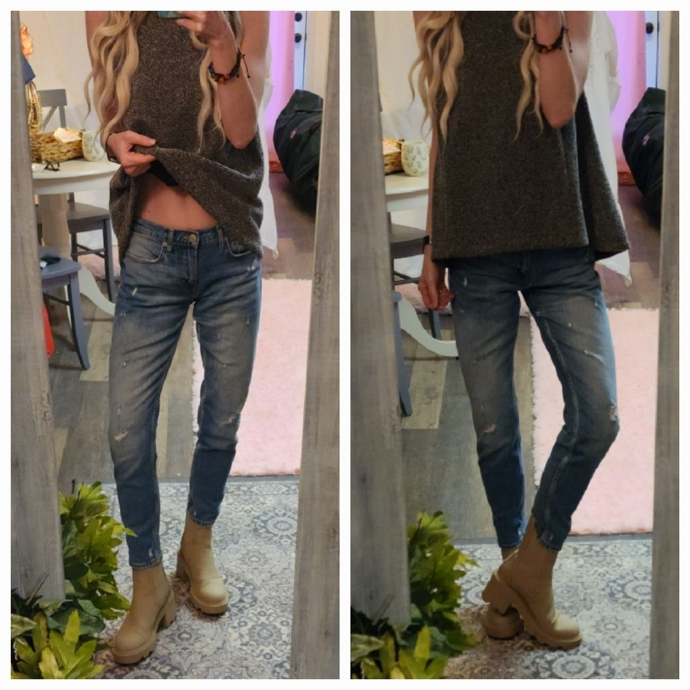 Zara Distressed Slim Fit Boyfriend Style Mid Low Rise Stretchy Soft Jeans